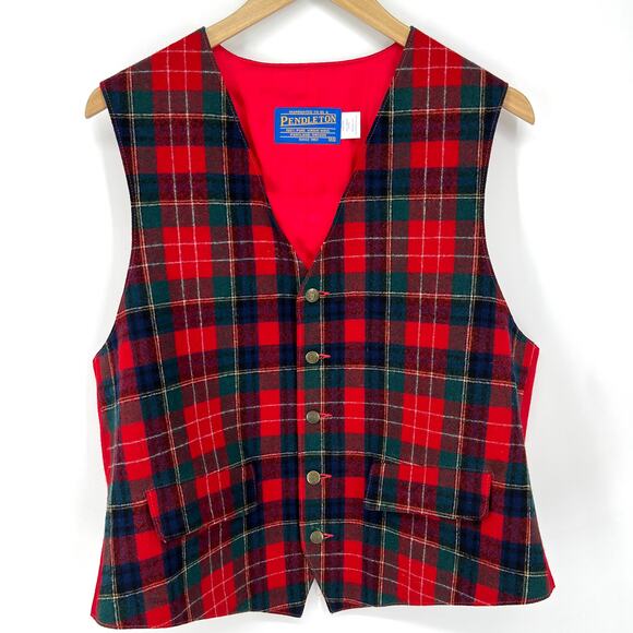 Vintage Pendleton Wool Vest Red and Green Waistcoat Lined Plaid Size 44 - Picture 8 of 8